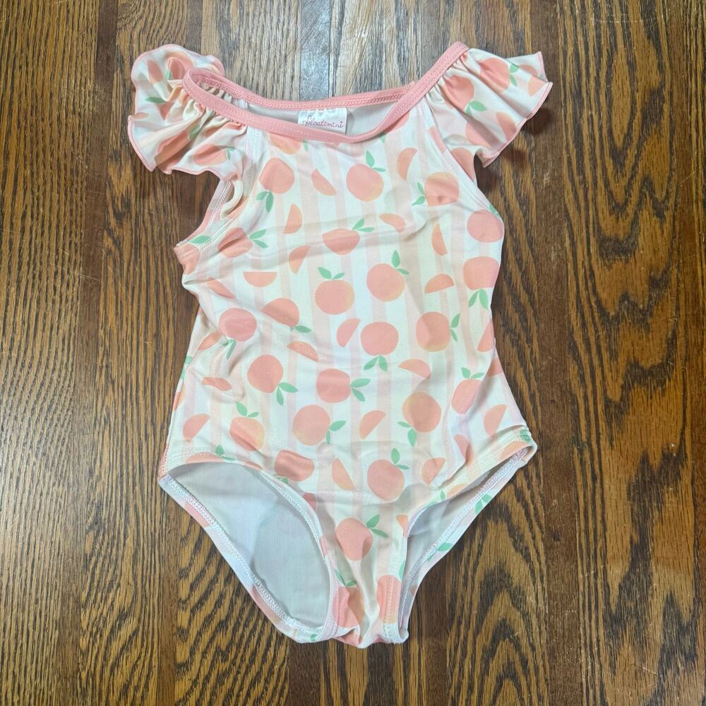 Floatimini Girls Peach Stripe Fruit Print Flutter Sleeve Swimsuit Size 3T